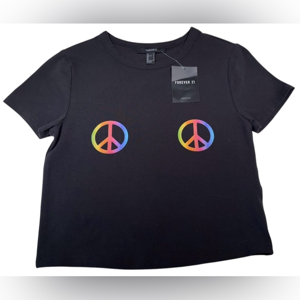 Forever 21 Black Peace Sign Cropped T-Shirt Size S